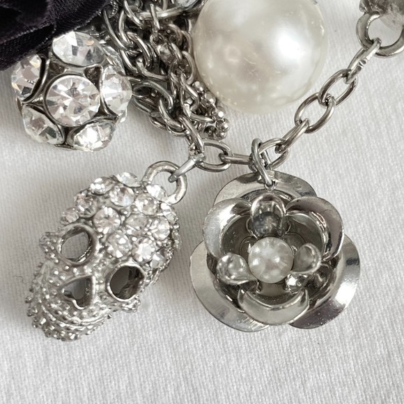 Silver Tone 8-Charm Necklace Opera Length Double Stranded Ball & Cable Chains - Picture 6 of 12